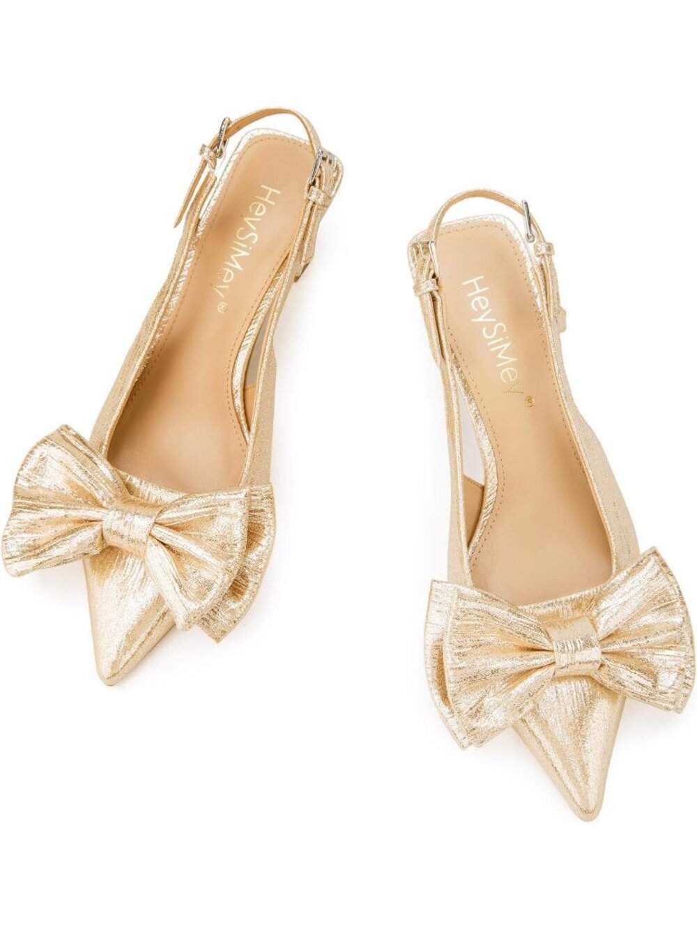 Women’s Gold Bow Pointed Toe Pumps Mid Low Pull-on Slingback Heels